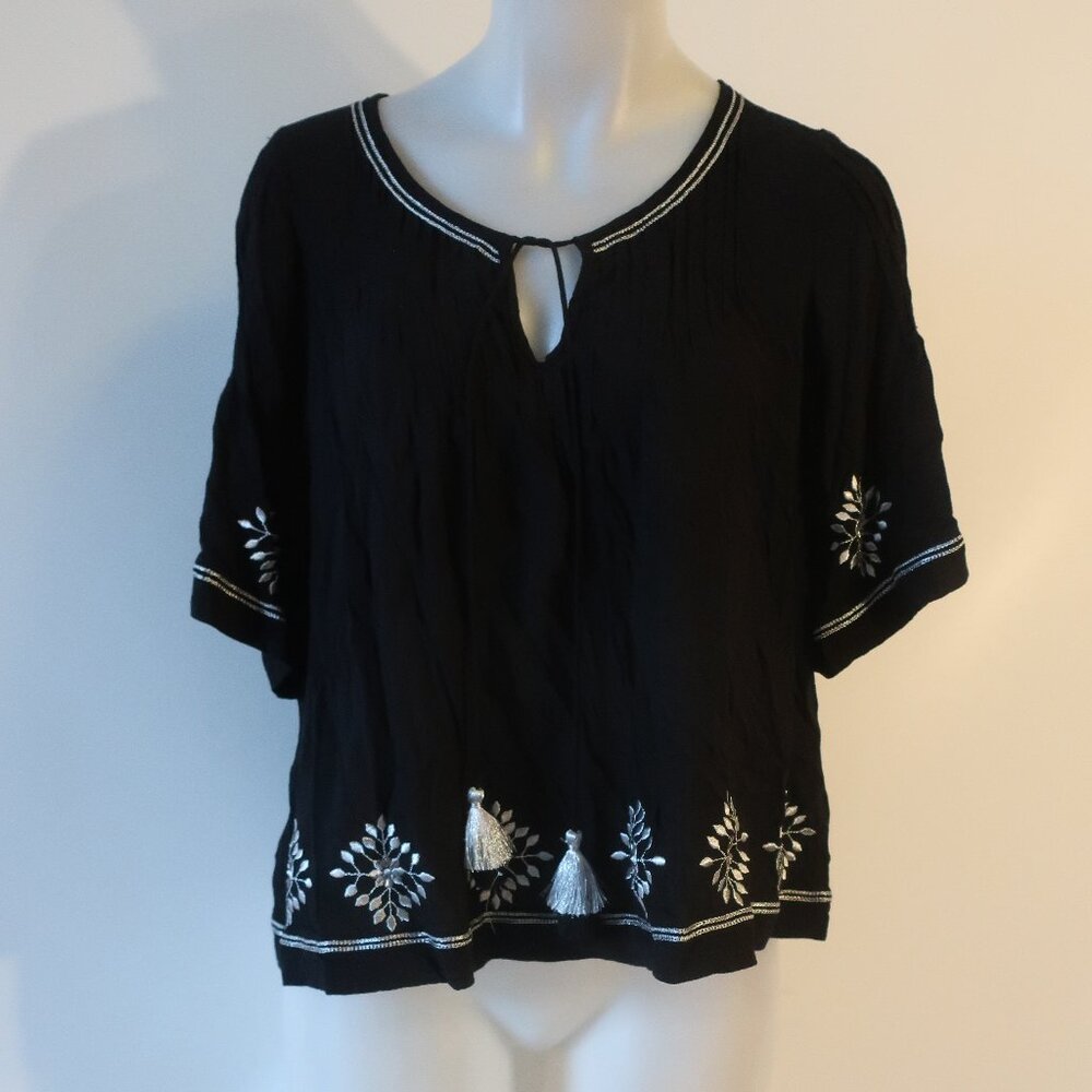 Womens Flannel Black Silver Embroidered Front Tie Pullover Boho Peasant Top S/M